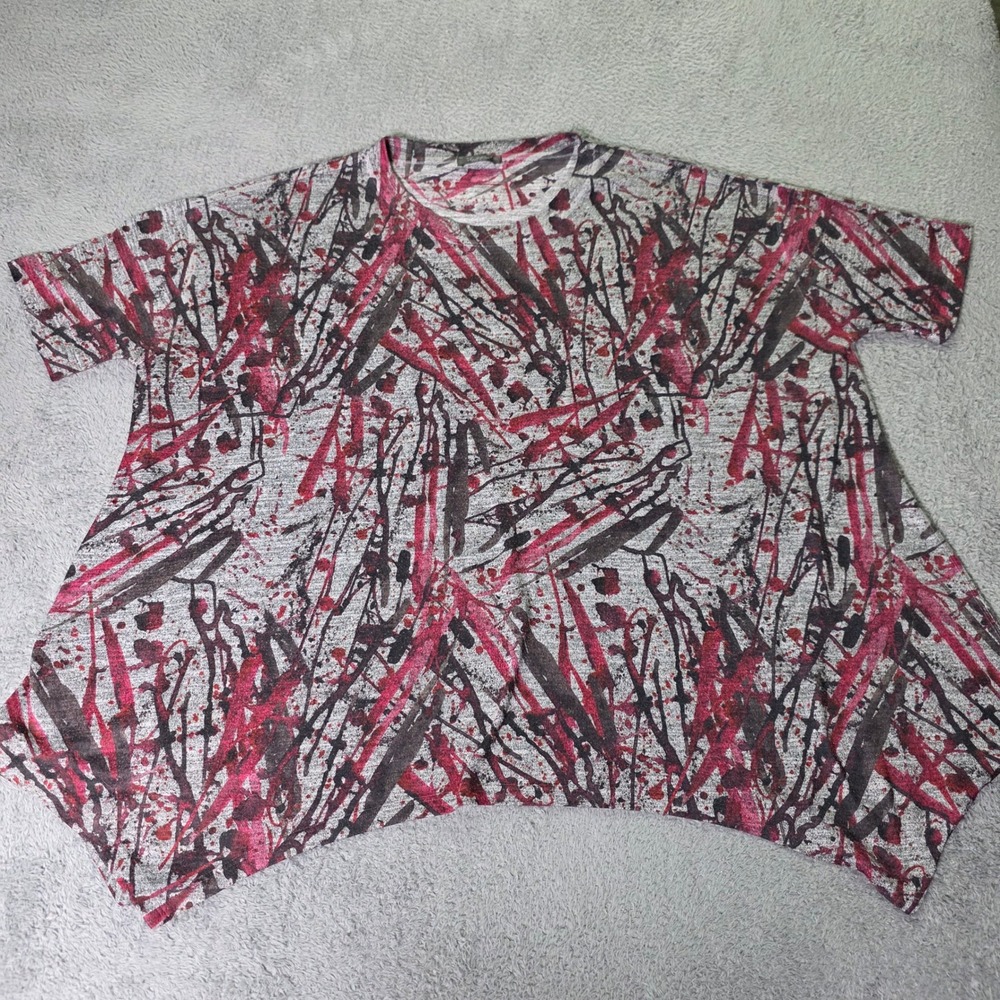 Inoah Womens Large T-Shirt Grey Red Abstract Splatter Sharkbite Hem Made in USA